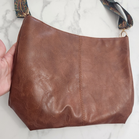 Unisex Dark Brown Tote Bag With Patterned Boho Strap - Picture 3 of 13